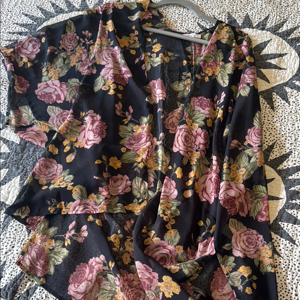 Maurices Black Floral Blouse with Pink and Green Accents